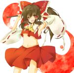  bow brown_hair detached_sleeves hair_bow hakurei_reimu japanese_clothes long_hair midriff miko red_eyes solo touhou twintails yin_yang zoo_min 