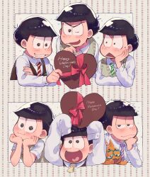  6+boys :3 alternate_costume antenna_hair black_hair blue-framed_eyewear blunt_bangs bow box brothers brown_eyes brown_vest buttons cat closed_mouth collared_shirt commentary_request cropped_torso dotted_line english_text esper_nyanko fingernails formal giving glasses green_necktie green_vest grey_background grin half-closed_eyes hand_on_animal hand_on_own_arm hand_on_own_cheek hand_on_own_face hands_on_own_chin happy happy_valentine heart heart-shaped_box heart-shaped_eyewear heart_in_mouth highres holding holding_box kanatsuki light_blush long_sleeves looking_at_another looking_at_viewer male_focus matsuno_choromatsu matsuno_ichimatsu matsuno_jyushimatsu matsuno_karamatsu matsuno_osomatsu matsuno_todomatsu messy_hair multiple_boys neckerchief necktie nervous one_eye_closed open_mouth osomatsu-san osomatsu_(series) pink_bow pink_necktie red_necktie sextuplets shirt short_hair short_sleeves siblings sleeves_past_fingers sleeves_past_wrists smile striped_background striped_necktie sweater_vest thick_eyebrows triangle_mouth valentine vest white_shirt wide-eyed yellow_neckerchief 