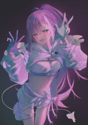  1girl absurdres bandeau blush breasts buckle colored_inner_hair dark demon_tail ear_piercing gloves green_eyes hair_ornament highres hip_tattoo hololive hooded_shrug long_hair long_sleeves looking_at_viewer melting_tail multicolored_hair navel navel_piercing open_mouth piercing pink_hair pouch purple_hair ribbed_bandeau see-through_clothes see-through_sleeves shorts shrug_(clothing) smile snap-fit_buckle solo strapless streaked_hair tail thigh_pouch tokoyami_towa tokoyami_towa_(5th_costume) touyayawk tube_top two-sided_gloves v virtual_youtuber white_bandeau white_gloves white_shorts white_shrug white_tube_top winged_heart_tattoo wings 