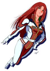  1girl breasts christina_mackenzie earth_federation gloves green_eyes gundam gundam_0080 highres long_hair looking_at_viewer mecha_pilot_suit pgmajimaji pilot_suit redhead science_fiction simple_background solo white_background 