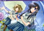  2girls ariko_yohichi long_hair pantyhose rain scan school_uniform seifuku skirt umbrella uniform 