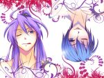  blue_eyes blue_hair haru_aki kaito kamui_gakupo long_hair male multiple_boys ponytail purple_hair rotational_symmetry short_hair symmetry tongue upside-down vocaloid wink 