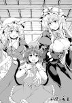  3girls animal_ears arm_hug cat_ears cat_tail chen dress_shirt earrings hat height_difference jewelry long_hair maribel_hearn monochrome multiple_girls multiple_tails open_mouth payot shirt short_hair smile tail touhou windart yakumo_yukari 