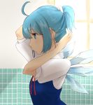  adjusting_hair ahoge alternate_hairstyle blue_eyes blue_hair bust cirno eyelashes hair_tie hair_up hairdressing mouth_hold payot profile puchiman short_hair solo touhou wings 
