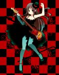 akiyama_mio asymmetrical_clothes bangs bare_shoulders bass bass_guitar black_hair blue_legwear blunt_bangs blush breasts cane checkered cleavage detached_sleeves don't_say_&quot;lazy&quot; dress facepaint gothic grey_eyes hat hime_cut instrument k-on! long_hair mini_top_hat pantyhose plectrum single_glove skirt solo striped top_hat turquoise_pantyhose 