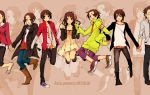  2girls 5boys ahoge annotated axis_powers_hetalia bad_id boots brown casual china_(hetalia) contemporary dress glasses group highres holding_hands hong_kong_(hetalia) jacket japan_(hetalia) jeans jumping kon_(pixiv345652) korea_(hetalia) necktie scarf sneakers taiwan_(hetalia) thailand_(hetalia) vietnam_(hetalia) 