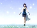  arm_warmers bike_shorts black_hair blue_skirt boots breasts cleavage closed_eyes closed_mouth commentary detached_sleeves field final_fantasy final_fantasy_viii flower gloves highres jayun miniskirt petals rinoa_heartilly skirt sleeveless sleeveless_duster solo standing walking wallpaper zipper 