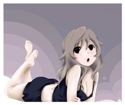  1girl absurdres barefoot blonde_hair breasts brown_eyes cleavage feet godling highres solo takasu_yasuko toradora! 