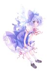  1girl blue_hair bow cirno dress hair_bow hands_on_knees highres open_mouth pompier short_hair smile solo touhou transparent_background 