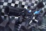  arm_cannon belt bikini_top black_hair black_rock_shooter black_rock_shooter_(character) blue_eyes boots chain checkered cross flat_chest front-tie_top gloves gun highres hood jacket knee_boots long_hair midriff pale_skin scar shorts solo star twintails uneven_twintails very_long_hair weapon yanphoenix zipper 