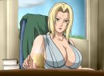   blonde_hair book breasts chair cleavage clouds cup desk female hair_ribbon huge_breasts jacket lipstick nail_polish naruto open_mouth ribbon sitting solo tsunade twintails window yellow_eyes  