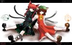  animal_ears braid brown_eyes brown_hair cat_ears cat_tail catgirl chen earrings hat highres jewelry kaenbyou_rin multiple_girls multiple_tails red_eyes red_hair side_b sitting tail touhou twin_braids wallpaper 