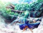  akashio_(loli_ace) dual_wielding forest green_hair kochiya_sanae nature no_panties scenery sheath shrine shushio sword touhou weapon 