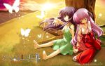  2girls blue_hair butterfly detached_sleeves dress furude_rika hanyuu highres higurashi_no_naku_koro_ni holding_hands horns japanese_clothes long_hair miko mitsui_mana multiple_girls purple_hair sandals sleeping sunset tree wallpaper 