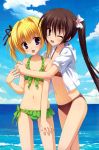  :3 :o absurdres beach bikini blonde_hair blue_eyes blush brown_eyes brown_hair chitose_sana cloud frilled_bikini frills hair_ribbon hands_clasped highres hug hug_from_behind kobuichi long_hair multiple_girls muririn navel outdoors ribbon short_hair side_ponytail sky smile swimsuit swimsuit tenshinranman unohana_no_sakuyahime very_long_hair water wink 