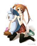  1girl 5_nenme_no_houkago :v absurdres black_legwear bow brown_eyes brown_hair copyright_request hair_bow highres kantoku kneeling scarf simple_background smile stuffed_animal stuffed_dolphin stuffed_toy thigh-highs thighhighs twintails zettai_ryouiki 