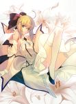  absurdres ahoge bare_shoulders blonde_hair bow breasts cleavage detached_sleeves dress fate/stay_night fate/unlimited_codes fate_(series) flower gloves green_eyes hair_bow hair_ribbon highres lily_(flower) looking_at_viewer petals ponytail ribbon saber saber_lily solo takeuchi_takashi thigh-highs thighhighs thighs white_legwear wing_collar 