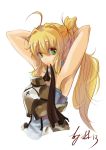  ahoge armor armpits blonde_hair fate/stay_night fate/unlimited_codes fate_(series) fortal green_eyes mouth_hold ponytail saber saber_lily solo 