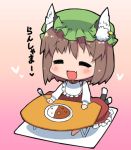  =_= animal_ears bib blush cat_ears cat_tail chen chibi closed_eyes curry earrings food hat heart jewelry lowres multiple_tails open_mouth smile table tail tonbi touhou translated 