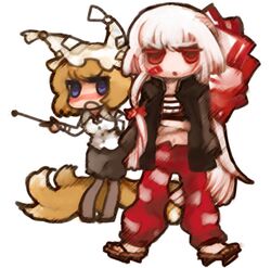  bad_id blonde_hair blue_eyes chibi crossed_arms fox_tail fujiwara_no_mokou hair_ribbon hat jacket long_hair lowres midriff multiple_girls pants red_eyes ribbon ruto_(petatann) sarashi tail touhou white_hair yakumo_ran 