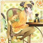  black_eyes black_hair cat_ears cat_tail chair chin_rest cup double_bun flower hair_flower hair_ornament hairband highres japanese_clothes jar kanzaki_miku kuroinu lolita_fashion original pantyhose ranunculus ribbon shoes stuffed_animal stuffed_toy tail tail_ribbon wa_lolita 