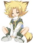  animal_ears arm_support b-daman backpack bag bakkyuu_hit!_crash_b-daman bakukyuu_hit!_crash_b-daman blonde_hair blush child fox_ears fox_tail kazami_karasu male open_mouth shoes shorts signature sitting sketch sneakers socks solo spread_legs tail tsukino_konta turtleneck yellow_eyes 