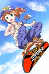  bare_shoulders baseball_cap brown_hair cap cloud clouds g-tetsu green_eyes hat highres idolmaster open_mouth orange_hair overalls skateboard sleeveless_shirt solo takatsuki_yayoi twintails 