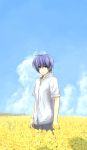  blue_eyes blue_hair clannad field flower highres ichinomi male okazaki_tomoya short_hair sky 