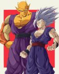  2boys antennae baggy_pants biceps black_sash black_wristband border bure_(fantasticyouth7) clenched_hand colored_skin commentary_request dougi dragon_ball dragon_ball_super dragon_ball_super_super_hero gohan_beast grey_hair hands_on_own_hips highres large_pectorals looking_at_another looking_down looking_up male_focus multiple_boys muscular muscular_male namekian no_eyebrows orange_piccolo orange_skin outside_border pants parted_lips pectorals piccolo pointy_ears purple_pants red_background red_eyes red_sash sash simple_background smile smirk son_gohan spiky_hair standing thick_arms v-shaped_eyebrows white_border wristband 