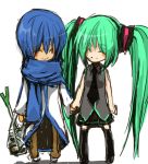  blue_hair closed_eyes green_hair groceries hand_holding hatsune_miku holding_hands kaito long_hair nagi_(pixiv) necktie scarf smile spring_onion thigh-highs thighhighs twintails very_long_hair vocaloid 