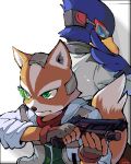  falco_lombardi fox_mccloud furry gloves green_eyes gun headset lowres nintendo oekaki star_fox starfox tail weapon 