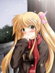  blush breath fate_testarossa long_hair mahou_shoujo_lyrical_nanoha mahou_shoujo_lyrical_nanoha_strikers red_eyes scarf snow twintails winter_clothes 