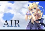  blonde_hair blue_eyes fang hair_ribbon kamio_misuzu long_hair plush ponytail ribbon school_uniform sky stuffed_animal stuffed_toy sumisuzu wallpaper 