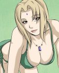 bare_shoulders blonde_hair breasts cleavage forehead_mark large_breasts leaning_forward lips naruto necklace swimsuit tsunade yellow_eyes 
