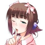  amami_haruka bad_id brown_hair green_eyes hair_ribbon headphones idolmaster nonowa ribbon short_hair solo 