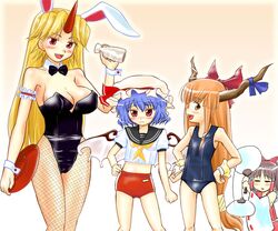  arm_garter bat_wings blonde_hair blue_hair blush bottle bunny_ears bunnysuit buruma cosplay fan fishnet_pantyhose fishnets hakurei_reimu hand_on_hip hands_on_hips hat horn horns hoshiguma_yugi hoshiguma_yuugi ibuki_suika isaken kemonomimi_mode long_hair midriff one-piece_swimsuit orange_eyes orange_hair pantyhose pose rabbit_ears red_eyes remilia_scarlet school_swimsuit school_uniform serafuku short_hair swimsuit touhou wings 