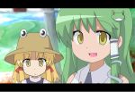  ane anime_coloring blonde_hair green_hair hair_ornament hat kochiya_sanae letterboxed moriya_suwako touhou yellow_eyes 