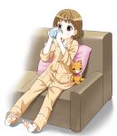  child couch cup drinking feet mattaku_mosuke mug original pajamas stuffed_animal stuffed_toy 