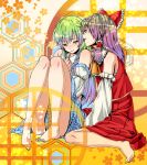  barefoot bow detached_sleeves feet green_hair hair_bow hair_ornament hakurei_reimu hexagon honeycomb_background inuduka_bouru inuzuka_bouru japanese_clothes kochiya_sanae long_hair multiple_girls tongue touhou yellow_eyes yuri 