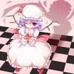  bangs blue_hair bow checkered checkered_floor child demon_girl feathers flat_chest frills from_above gem hat hoshikuzu lolita_fashion looking_at_viewer red_eyes remilia_scarlet ribbon shadow shoes short_hair skirt smile solo standing touhou wings wink wristband 