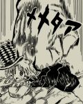  blush clenched_hand fist hat jojo&#039;s_bizarre_adventure jojo_no_kimyou_na_bouken lowres monochrome moriya_suwako nishima_amane parody punch punching top_hat touhou will_anthonio_zeppeli 