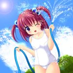  hair_ornament hose one-piece_swimsuit purple_eyes red_hair redhead school_swimsuit short_hair swimsuit twintails violet_eyes water white_school_swimsuit wink 