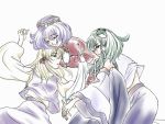  blonde_hair detached_sleeves frog green_hair hanahata hat japanese_clothes kochiya_sanae long_hair miko moriya_suwako purple_hair short_hair sleeping snake touhou yasaka_kanako 