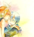  blue_eyes blue_hair closed_eyes detached_sleeves headphones headset kagamine_rin kaito kiss microphone no+bi= scarf traditional_media vocaloid watercolor watercolor_(medium) 