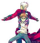  back-to-back emiya_shirou fate/stay_night fate_(series) male raglan_sleeves weapon white_hair 