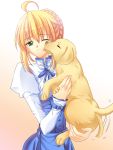  ahoge blonde_hair blouse dog dress fate/stay_night fate_(series) green_eyes licking mocha_(mocana) saber solo wink 