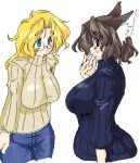  2girls animal_ears breasts glasses large_breasts oekaki sweater 