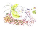  dress feet flower leaf leaves long_hair minigirl original rinsan_(nametake) traditional_media very_long_hair wink 