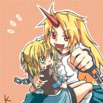  bad_id chain chains fang green_eyes horn horns hoshiguma_yugi hoshiguma_yuugi kusano_(pixiv) long_hair mizuhashi_parsee multiple_girls red_eyes short_hair sweatdrop touhou 