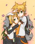  blonde_hair bow brother_and_sister chikuwa_(pixiv6428) detached_sleeves flower green_eyes headset kagamine_len kagamine_rin necktie short_hair siblings titanic21 twins vocaloid 